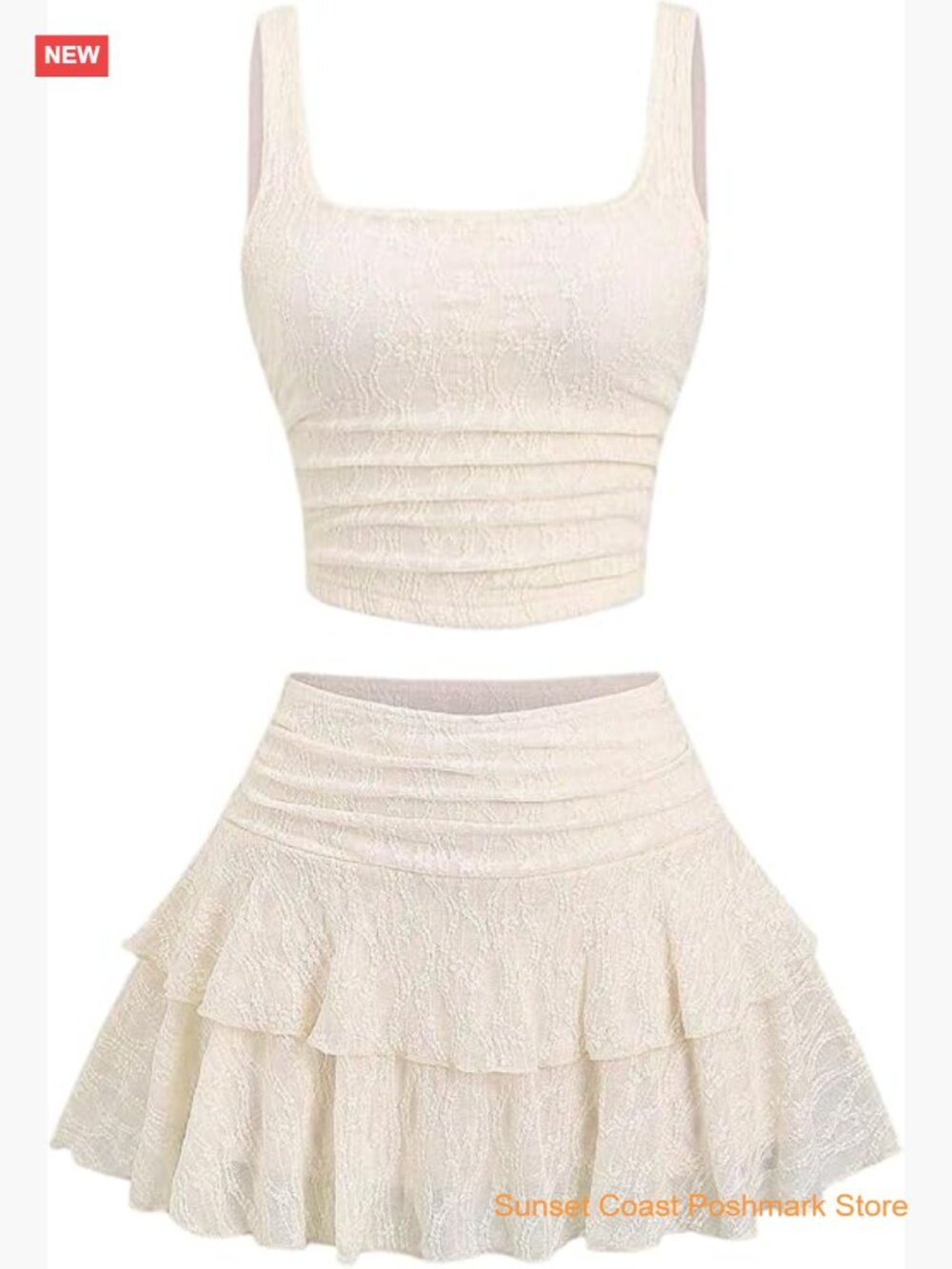Lace Ruched Crop Tank Top and Layered Ruffle Skirt Set